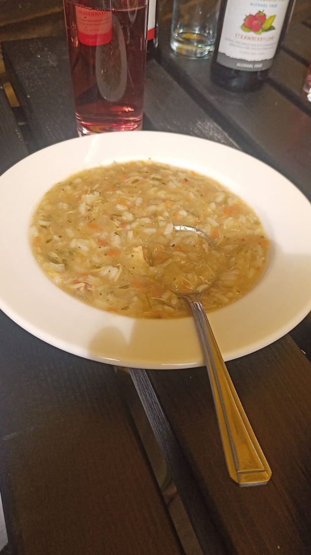 Soup of the day with sourdough bread and butter, GBP6 - about R150