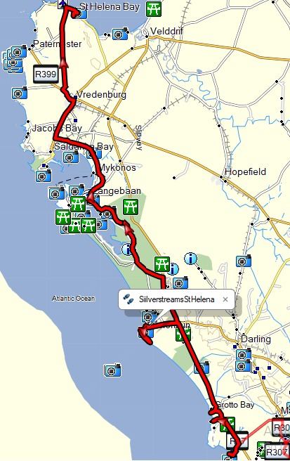 168km tar roads stopping in at Ganzebaai and Yzerfontein on the way to St Helena